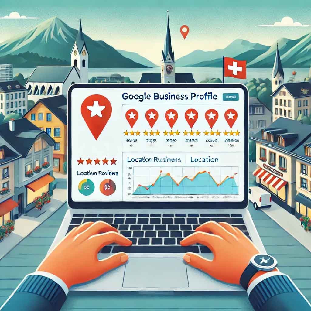 Schweizer Unternehmer optimiert sein Google Business Profil auf einem Laptop, um die lokale Sichtbarkeit zu verbessern. Der Bildschirm zeigt Google Business-Daten mit Bewertungen, Standortmarkern und Analysen.