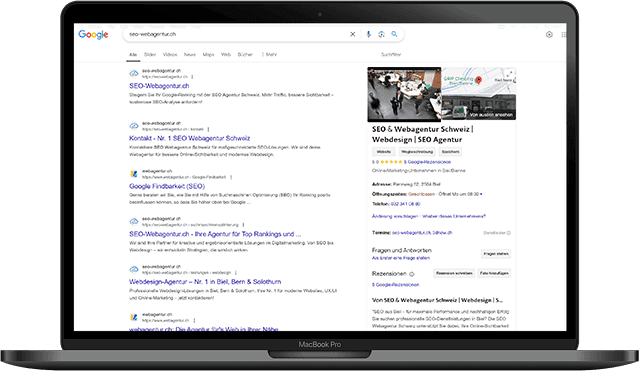 Google-Suche mit Top-Platzierung für eine SEO-Agentur in Bern – Mehr Sichtbarkeit durch professionelle Suchmaschinenoptimierung.
