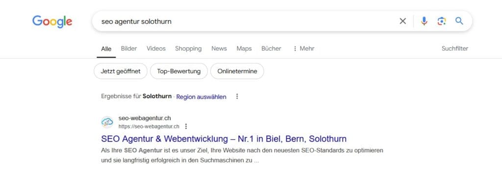 Screenshot der Google-Suchleiste mit der eingegebenen Suchanfrage "SEO Agentur Solothurn"