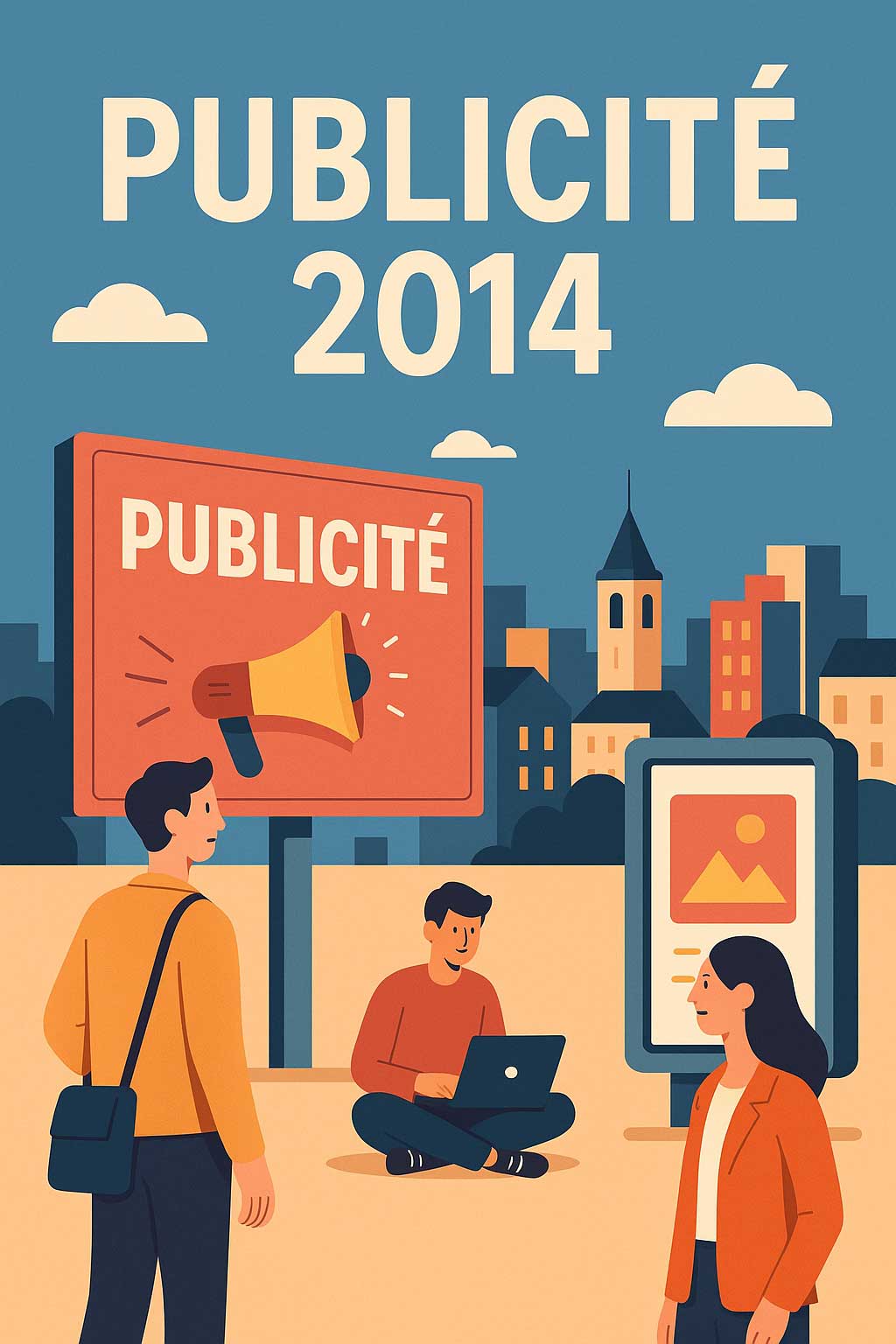 Illustration zum Event Publicité 2014 in der Schweiz mit Werbetafeln, Stadtpanorama und jungen Menschen im Austausch