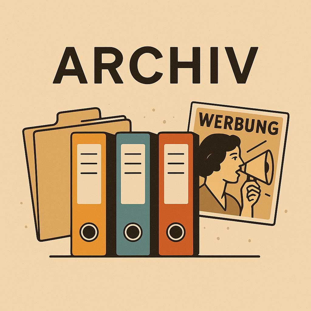 Digitale Illustration eines Archivs mit Werbeunterlagen, Ordnern und Retro-Elementen – visuell als Einstieg in die Archivseite zur Schweizer Werbung gestaltet