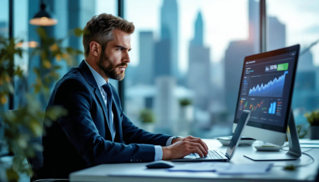 Ein Geschäftsmann sitzt konzentriert vor seinem Computer und analysiert Marketing-Daten, um die Leistung seiner Google Ads Kampagnen zu optimieren. Auf dem Bildschirm sind Diagramme und Statistiken zu sehen, die Informationen über Klicks, Conversions und Budgets enthalten.