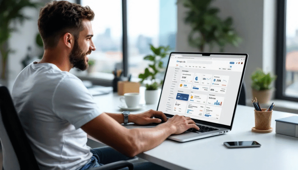 Eine Person sitzt an einem Laptop und erstellt eine Google Ads Kampagne, um ihre Produkte und Dienstleistungen online zu bewerben. Auf dem Bildschirm sind Anzeigen, Einstellungen und Informationen zu Kampagnen sichtbar, die helfen, die Zielgruppe effektiv zu erreichen.