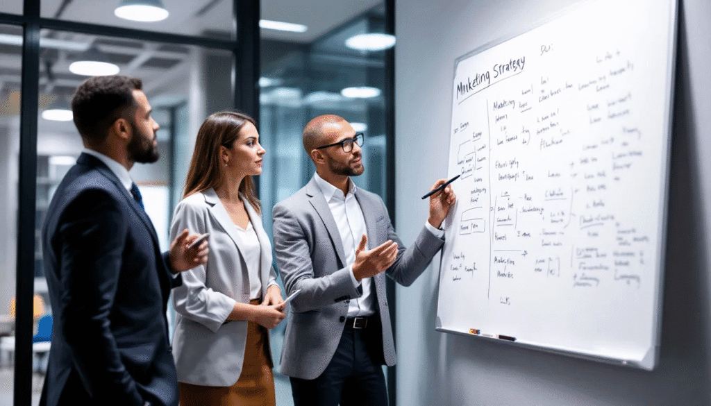 Ein Team von Fachleuten diskutiert am Whiteboard eine Marketingstrategie, um die Effektivität ihrer Google Ads Kampagnen zu verbessern. Sie analysieren verschiedene Aspekte wie Zielgruppen, Budgets und Werbemöglichkeiten, um die Online-Präsenz ihres Unternehmens zu optimieren.