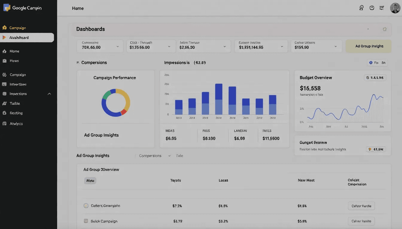 Das Bild zeigt ein Dashboard für das Monitoring von Google Ads Kampagnen, auf dem verschiedene Leistungskennzahlen wie Klicks, Conversions und Budget angezeigt werden. Diese Übersicht ist ein wichtiges Tool für Ads Agenturen und Unternehmen, um die Effektivität ihrer Online Marketing Strategien zu analysieren und zu optimieren.